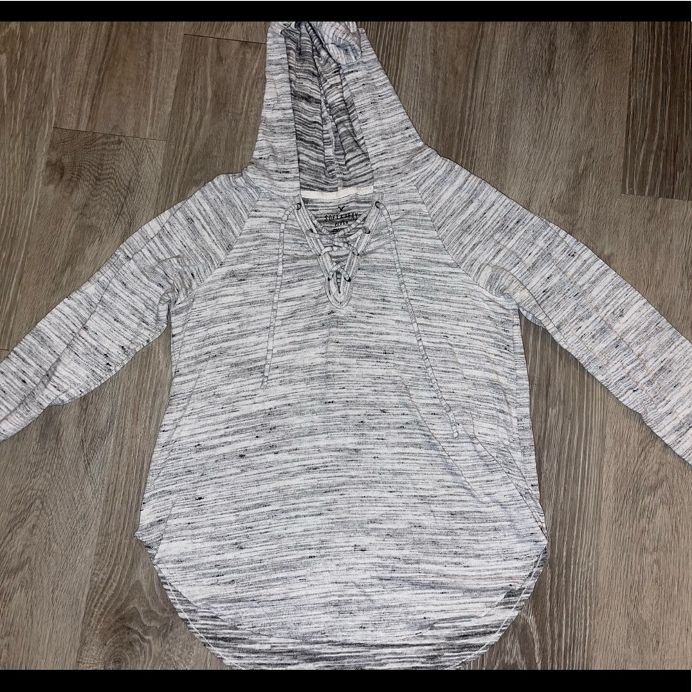 cozy pullover light gray hoodie with ties on v neck